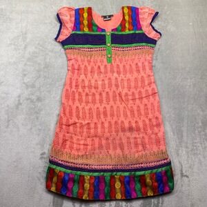 Sakshi Girls XL Kurti Tunic Top Peach Leaf Print‎ Colorful Trim Boho Tropical